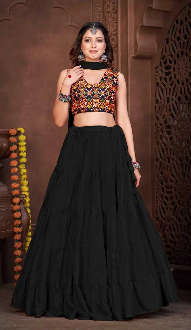 Embroidery Work French Crape Navratri Festival Wear Lehenga Choli in Black -7256175119