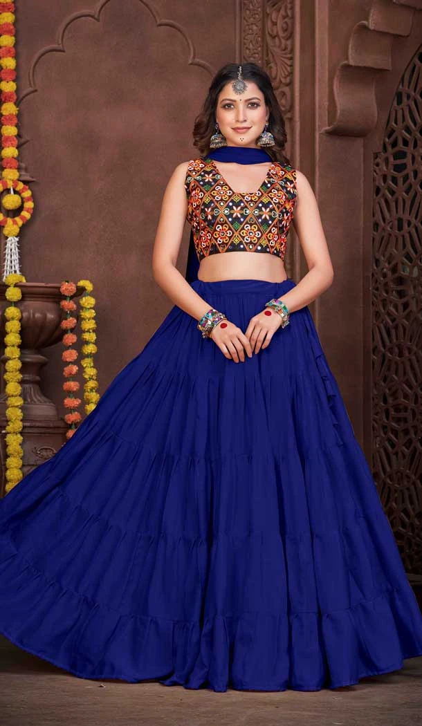 Embroidery Work French Crape Navratri Festival Wear Lehenga Choli in Blue -7256175120