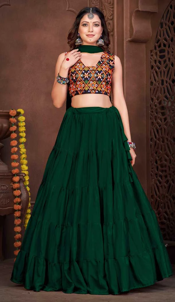 Embroidery Work French Crape Navratri Festival Wear Lehenga Choli in Green -7256175121