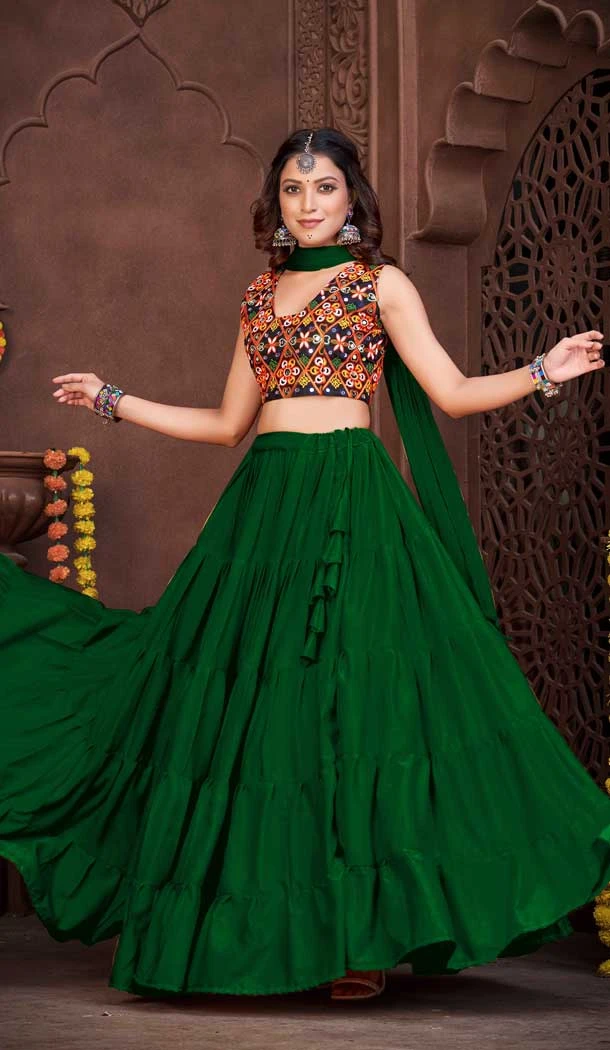 Embroidery Work French Crape Navratri Festival Wear Lehenga Choli in Light Green -7256175122