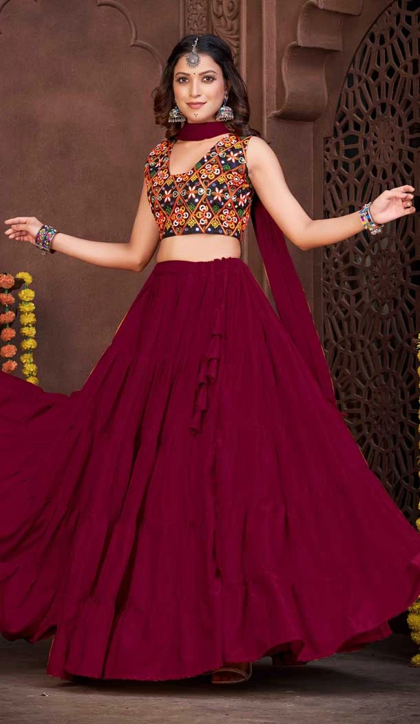 Embroidery Work French Crape Navratri Festival Wear Lehenga Choli in Maroon -7256175123