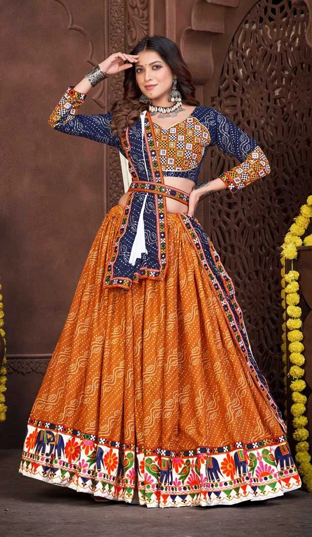 Embroidery Work Cotton Silk Navratri Festival Wear Lehenga Choli in Mustard -7256175125