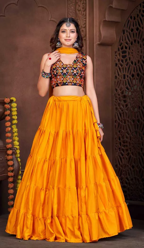 Embroidery Work French Crape Navratri Festival Wear Lehenga Choli in Mustard -7256175126