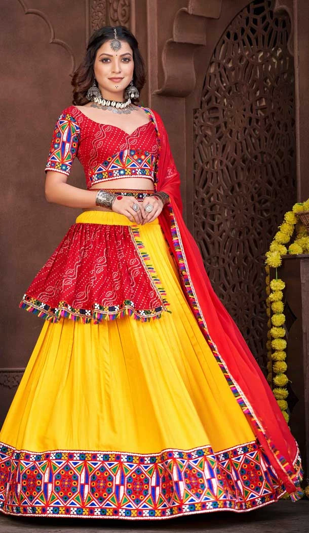 Embroidery Work Georgette Navratri Festival Wear Lehenga Choli in Red & Yellow -7256175127