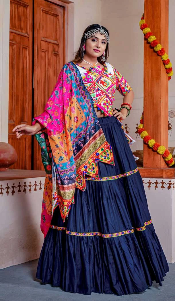 Rayon Mirror Work Traditional Navratri Chaniya Choli in Navy Blue -7348175705