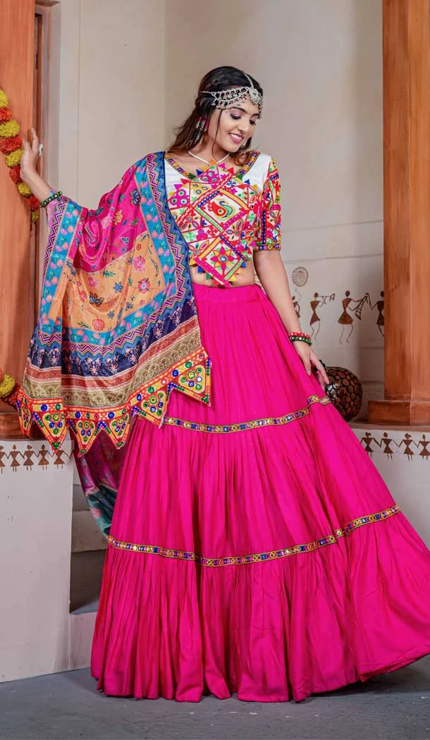 Rayon Mirror Work Traditional Navratri Chaniya Choli in Pink -7348175706
