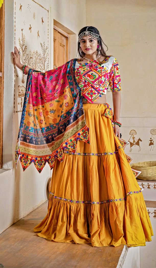 Rayon Mirror Work Traditional Navratri Chaniya Choli in Yellow -7348175707