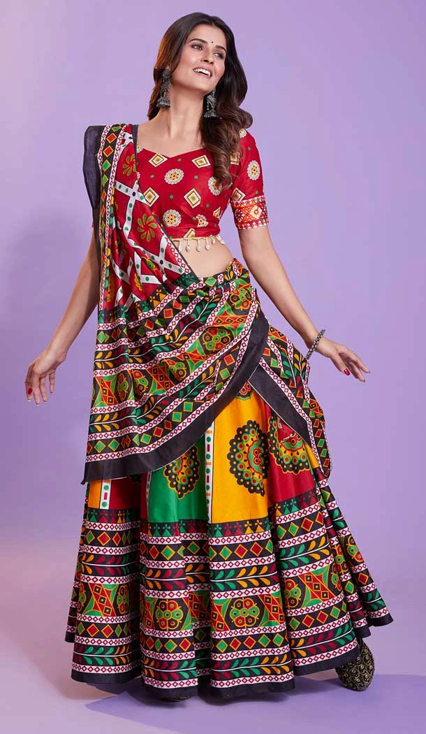 Pure Cotton Abstract Print Work Dandiya Night Outfits Lehenga Choli in Maroon -7406176046