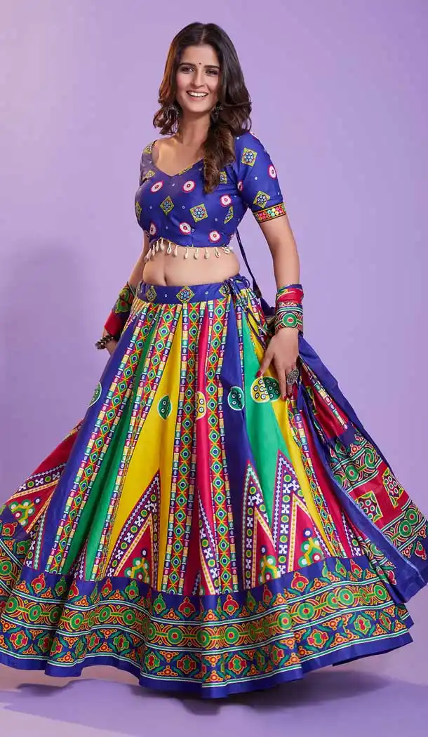 Pure Cotton Abstract Print Work Dandiya Night Outfits Lehenga Choli in Royal Blue -7406176047