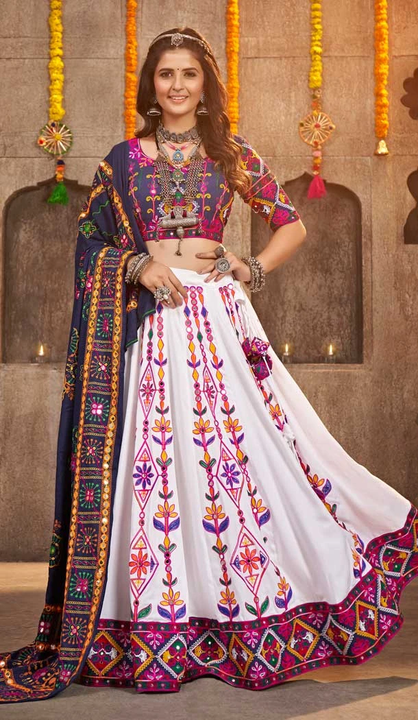 Viscose Rayon Kutchi Embroidery Work Designer Navratri chaniya choli in White -7407176048