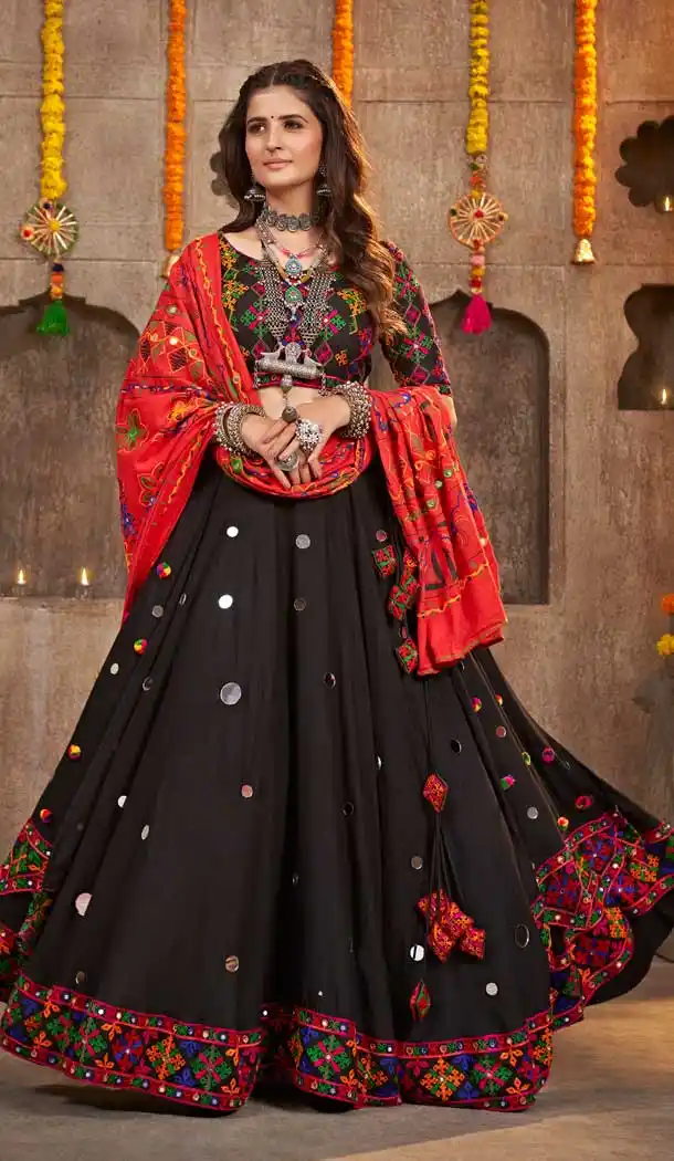 Viscose Rayon Kutchi Embroidery Work Designer Navratri chaniya choli in Black -7407176050