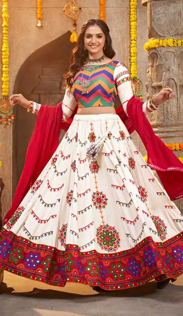 Viscose Rayon Kutchi Embroidery Work Designer Navratri chaniya choli in Pearl White -7407176051
