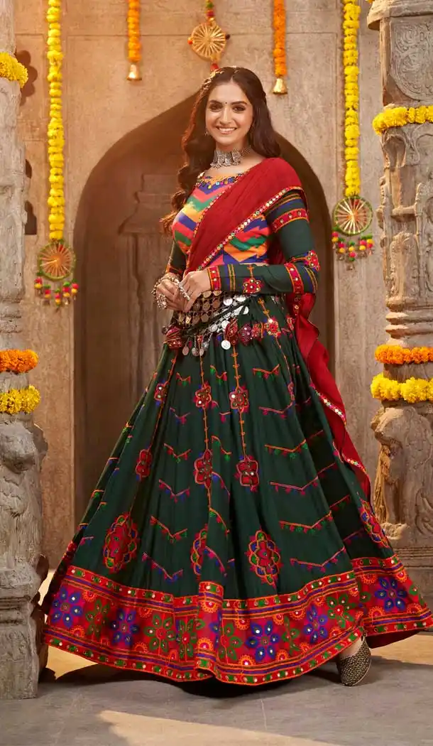 Viscose Rayon Kutchi Embroidery Work Designer Navratri chaniya choli in Green -7407176052
