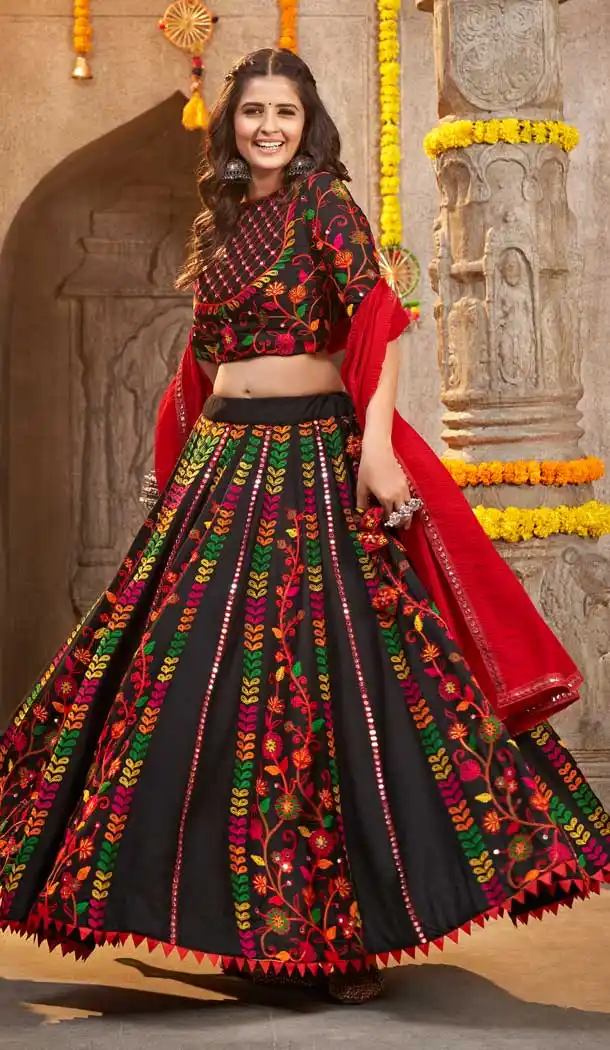 Black Viscose Rayon Kutchi Embroidery Work Designer Navratri chaniya choli -7407176053