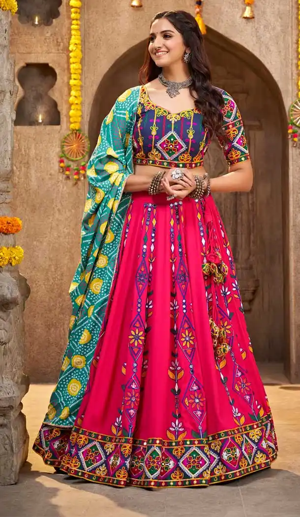 Viscose Rayon Kutchi Embroidery Work Designer Navratri chaniya choli in Deep Pink -7407176054