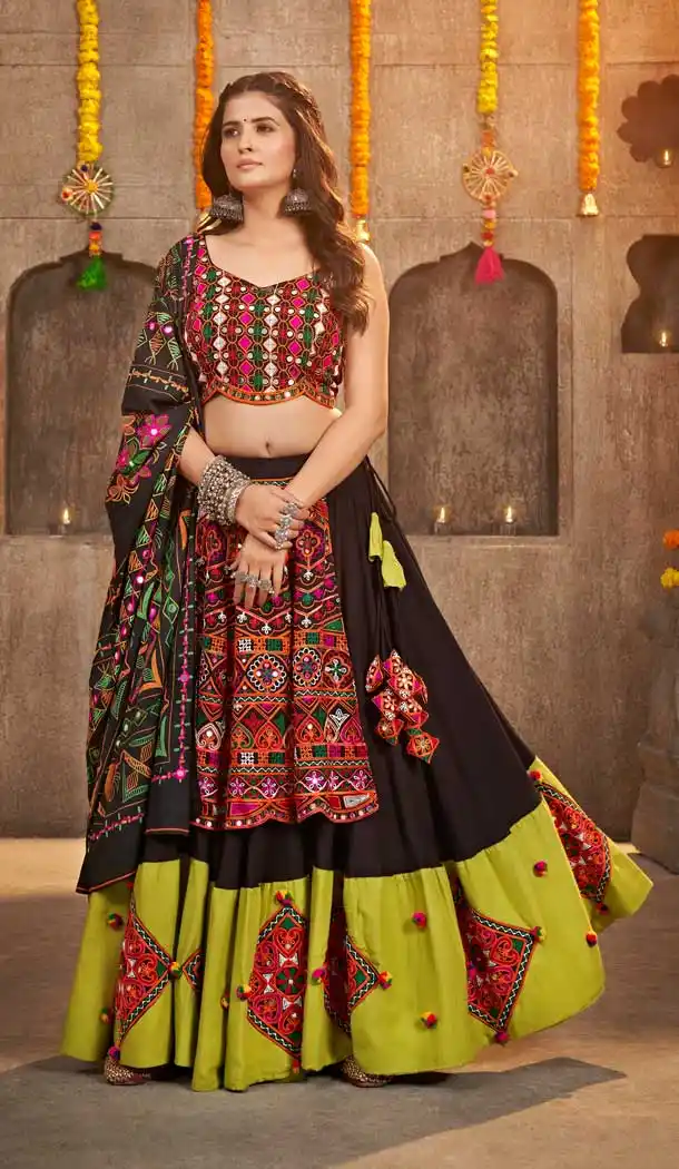 Viscose Rayon Kutchi Embroidery Work Black Designer Navratri chaniya choli -7407176055