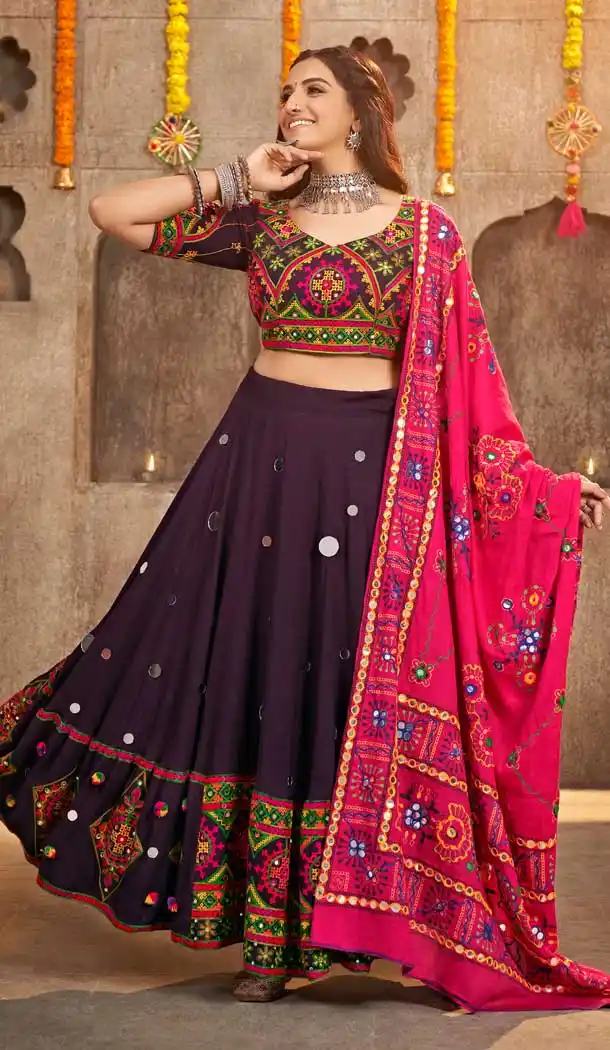 Viscose Rayon Kutchi Embroidery Work Designer Navratri chaniya choli in Wine -7407176056