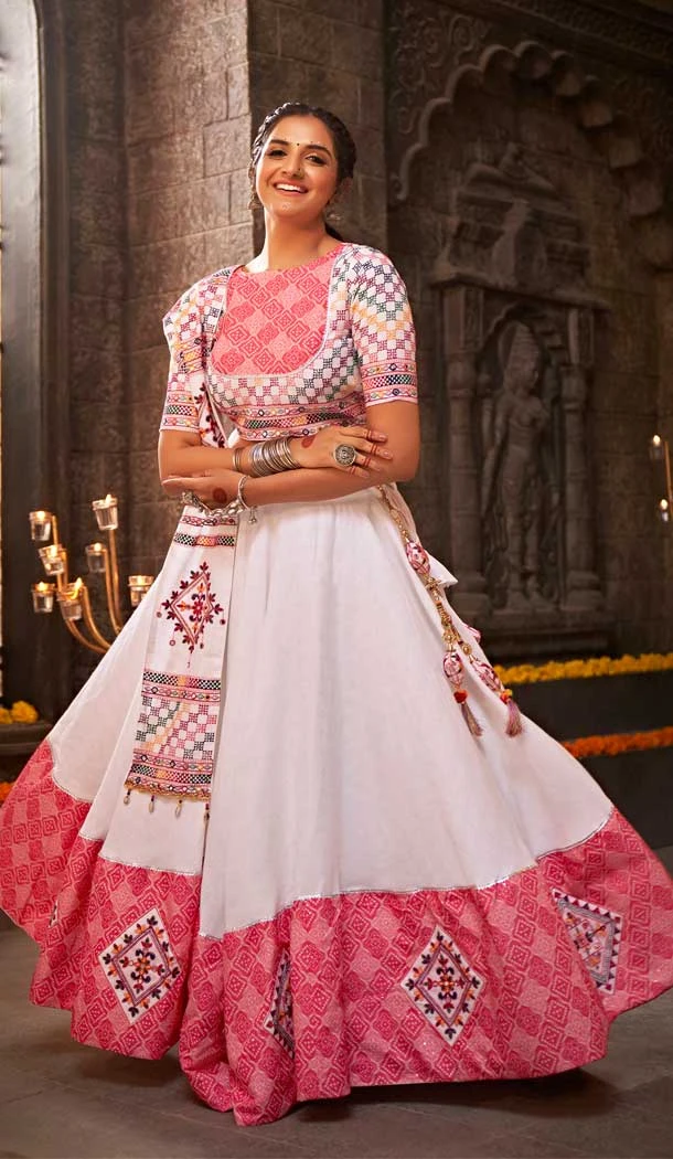 Navratri Fashion Inspiration Kutchi Embroidery Designer Chaniya Choli in White -7408176057