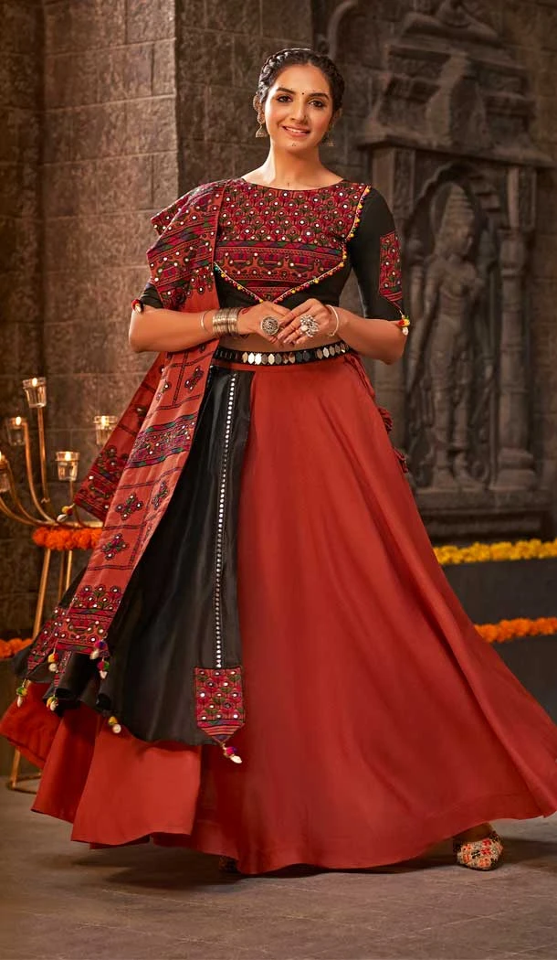 Navratri Fashion Inspiration Kutchi Embroidery Designer Chaniya Choli in Orange -7408176058