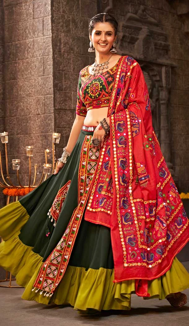 Navratri Fashion Inspiration Kutchi Embroidery Designer Chaniya Choli in Green -7408176061