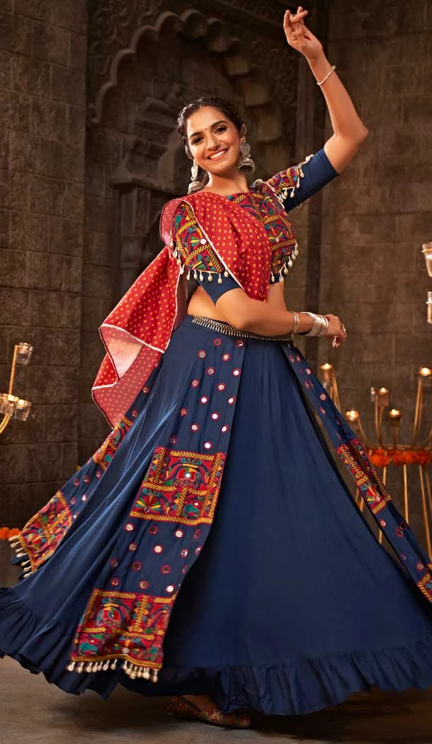 Navratri Fashion Inspiration Kutchi Embroidery Designer Chaniya Choli in Blue -7408176062