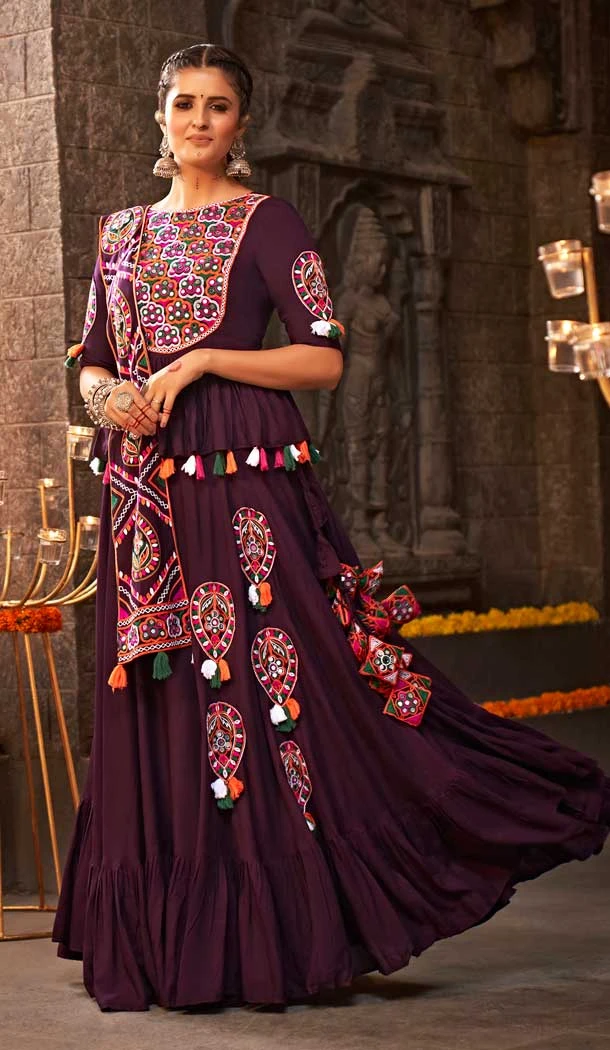 Navratri Fashion Inspiration Kutchi Embroidery Designer Chaniya Choli in Purple -7408176063