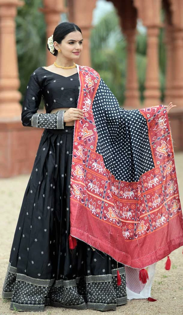 Navratri Fusion Wear Chaniya Choli in Black Mayra Silk Sequence Embroidery Work -7423176135