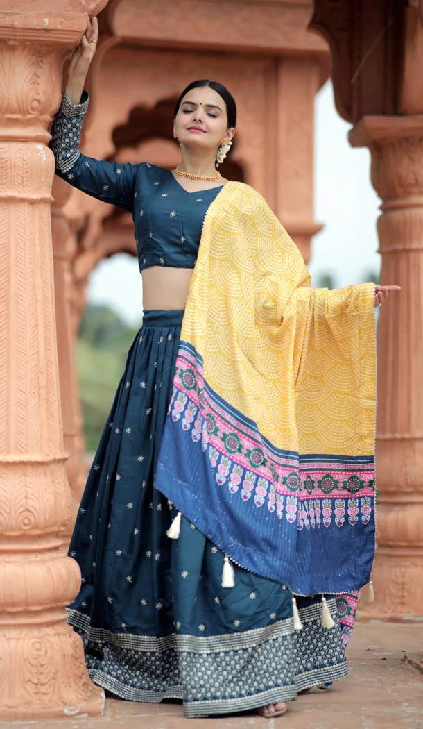Navratri Fusion Wear Chaniya Choli in Blue Mayra Silk Sequence Embroidery Work -7423176136