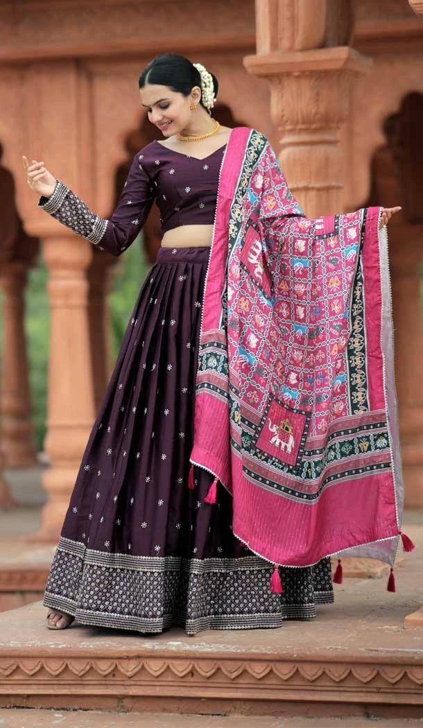 Navratri Fusion Wear Chaniya Choli in Wine Mayra Silk Sequence Embroidery Work -7423176137