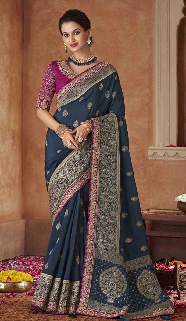 Embroidery Work Pure Dola Silk Designer Women Saree in Navy Blue -6344168874