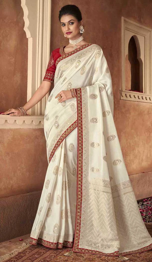 Embroidery Work Pure Dola Silk Designer Women Saree in Off White -6344168875