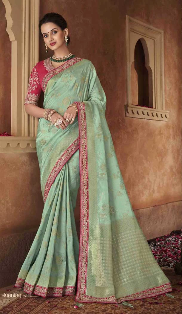 Embroidery Work Pure Dola Silk Designer Women Saree in Mint Green -6344168876
