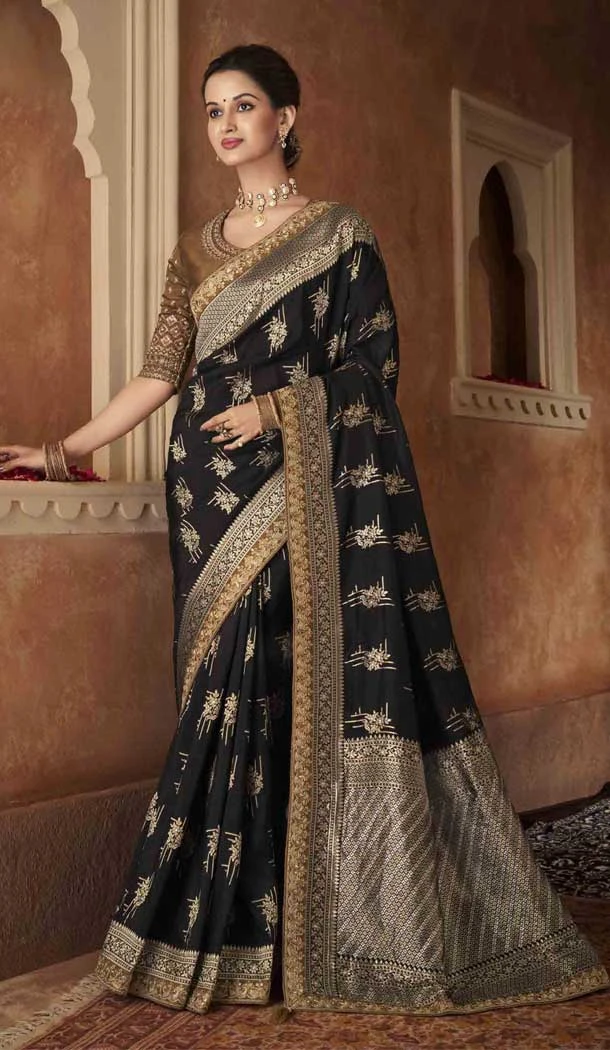 Embroidery Work Pure Dola Silk Designer Women Saree in Black -6344168878