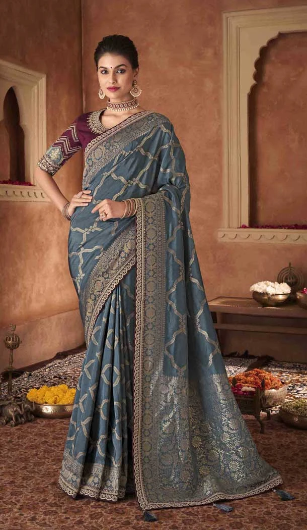 Embroidery Work Pure Dola Silk Designer Women Saree in Grey -6344168882