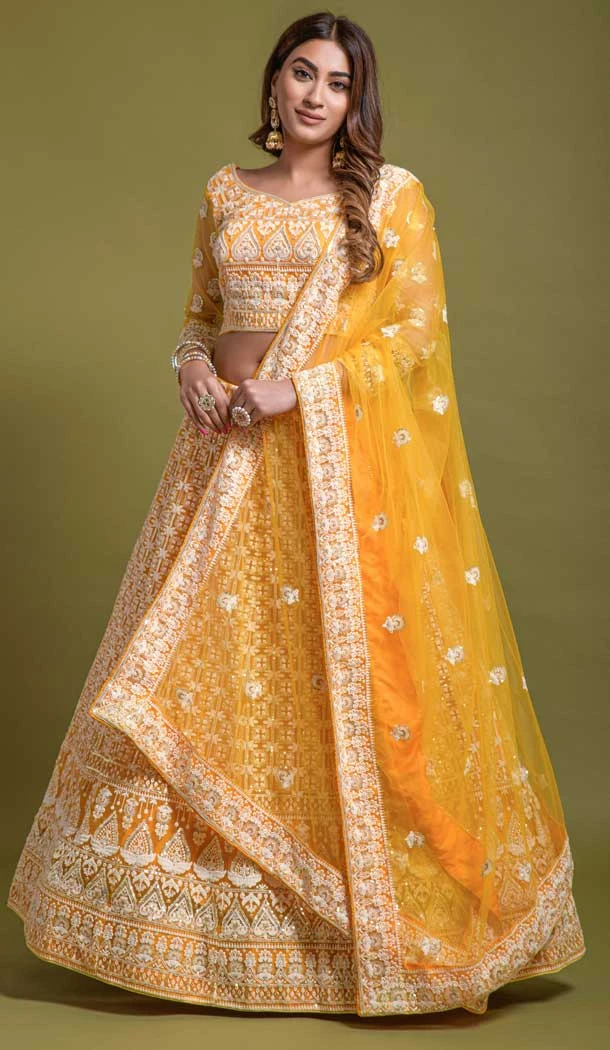 Bridal Net Sequince Embroidery Work Sangeet Wear Lehenga Choli in Mustard -6617170958