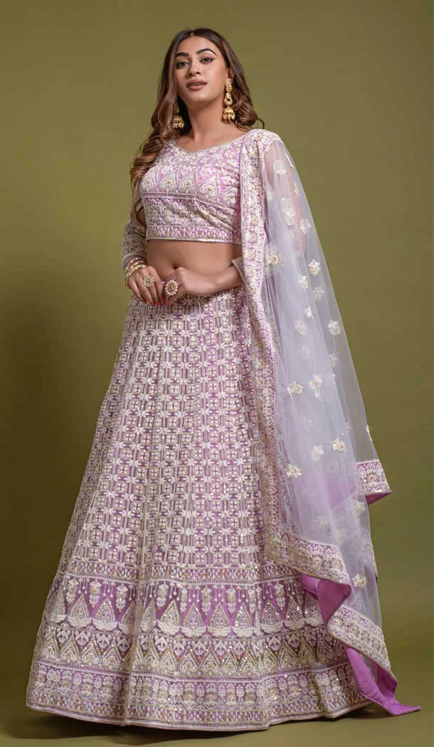 Bridal Net Sequince Embroidery Work Sangeet Wear Lehenga Choli in Light Purple -6617170959