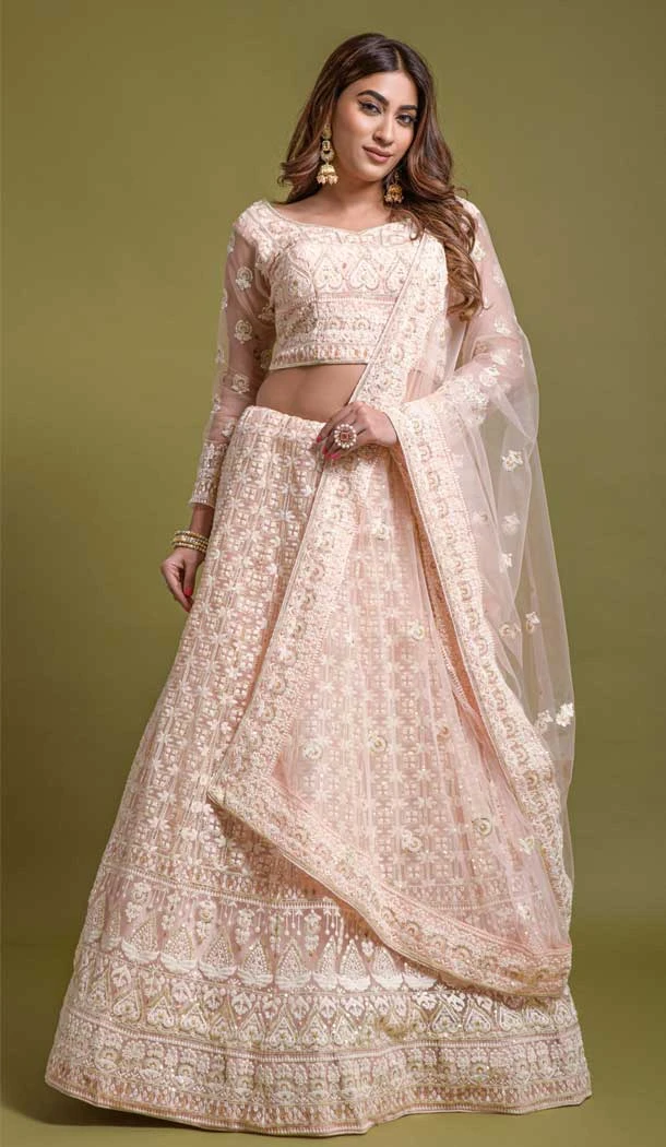 Bridal Net Sequince Embroidery Work Sangeet Wear Lehenga Choli in Light Pink -6617170960