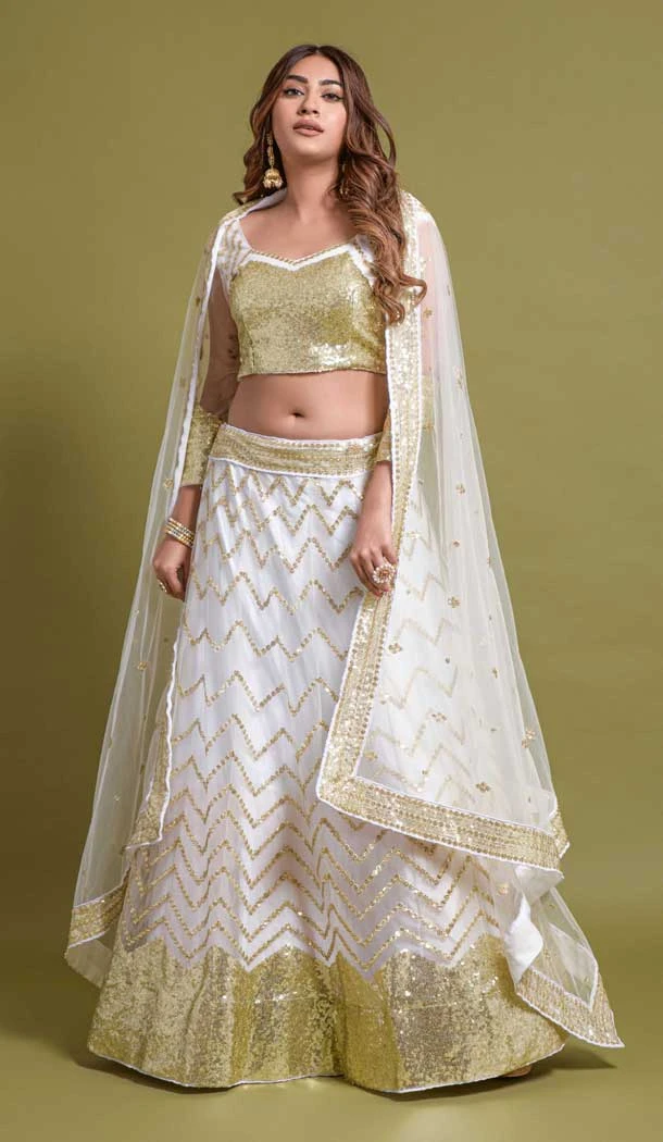 Bridal Net Sequince Embroidery Work Sangeet Wear Lehenga Choli in White -6617170961