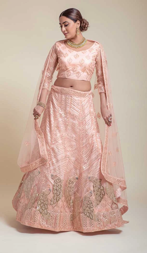Bridal Net Sequince Embroidery Work Sangeet Wear Lehenga Choli in Peach -6617170962