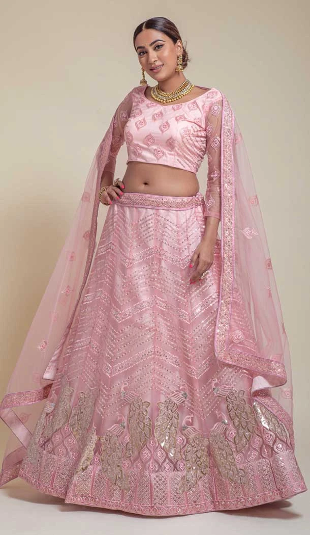 Bridal Net Sequince Embroidery Work Sangeet Wear Lehenga Choli in Pink -6617170963