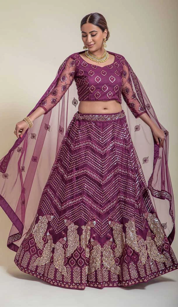 Bridal Net Sequince Embroidery Work Sangeet Wear Lehenga Choli in Wine -6617170964