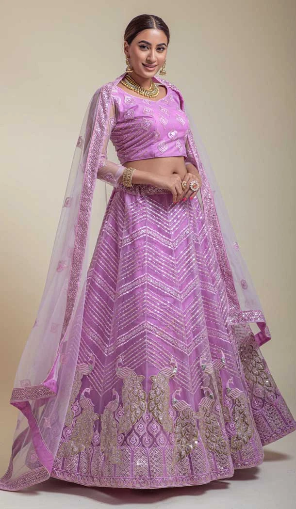 Pink Bridal Net Sequince Embroidery Work Sangeet Wear Lehenga Choli in Wine -6617170965