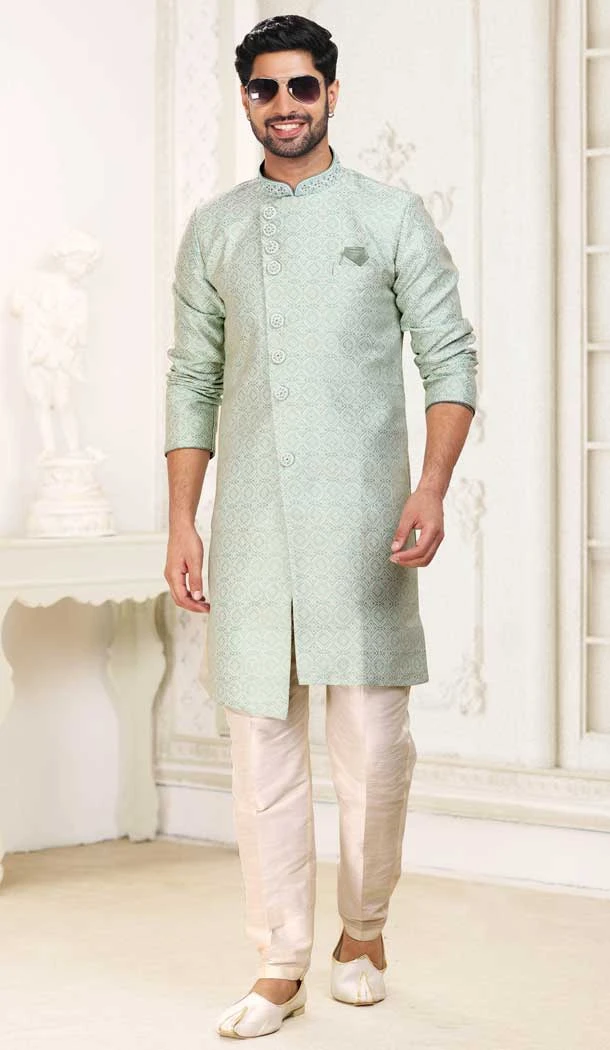 Banarasi Jacquard Classic Traditional Wear Men's Semi Indo-Western in Pista Green -6658171280