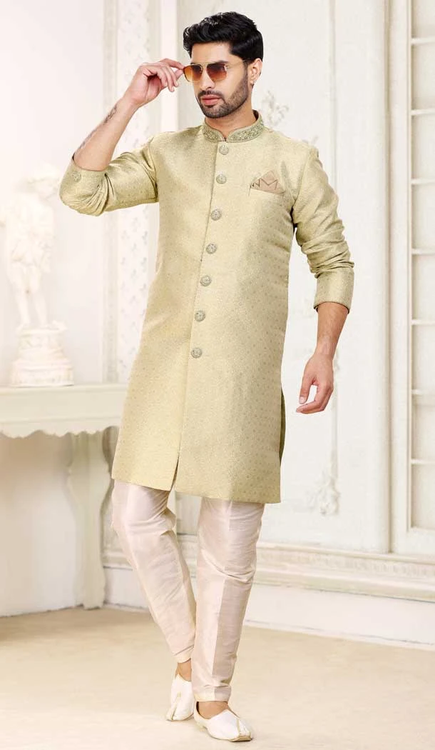 Banarasi Jacquard Classic Traditional Wear Men's Semi Indo-Western in Pista Green -6658171284