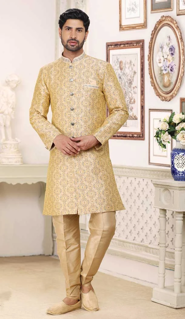 Banarasi Jacquard Classic Traditional Wear Men's Semi Indo-Western in Cream -6658171285