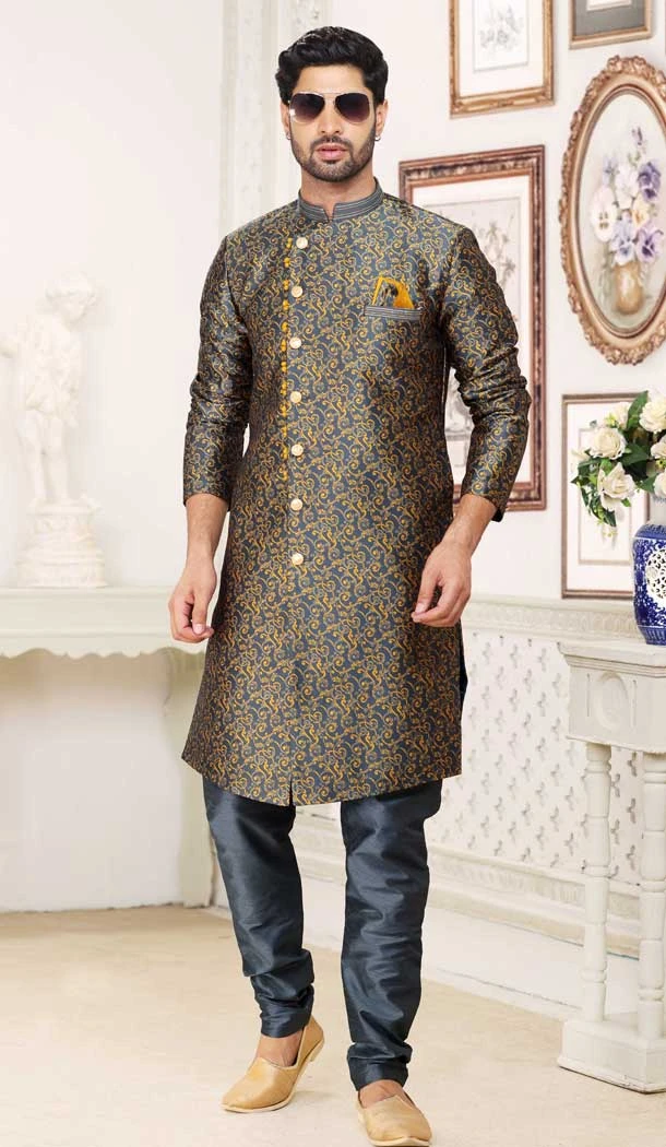 Banarasi Jacquard Classic Traditional Wear Men's Semi Indo-Western in Grey -6658171291