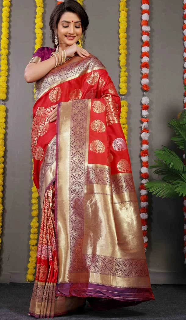 Banarasi Silk Jacquard Work Traditional Wear Saree Blouse in Red -6672171391 Banarasi Silk Jacquard Work Traditional Wear Saree Blouse in Red -6672171391