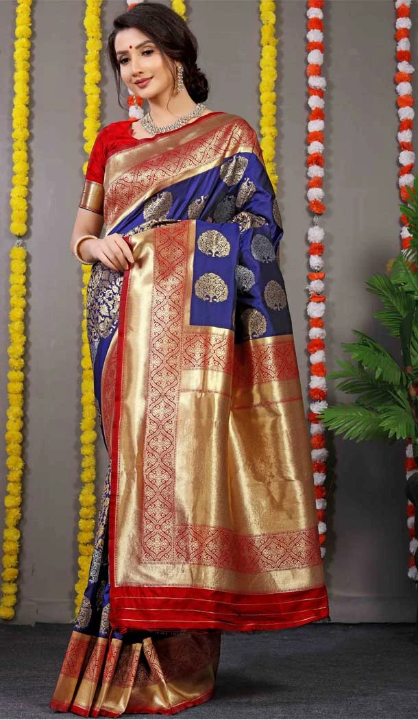Blue Banarasi Silk Jacquard Work Traditional Wear Saree Blouse -6672171397
