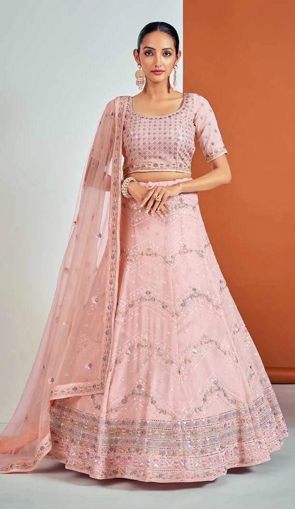 Georgette Sequence Thread Work Designer Women Lehenga Choli in Peach -6689171504