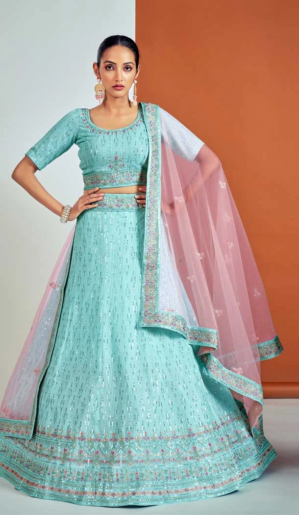 Turquoise Georgette Sequence Thread Work Designer Women Lehenga Choli -6689171505